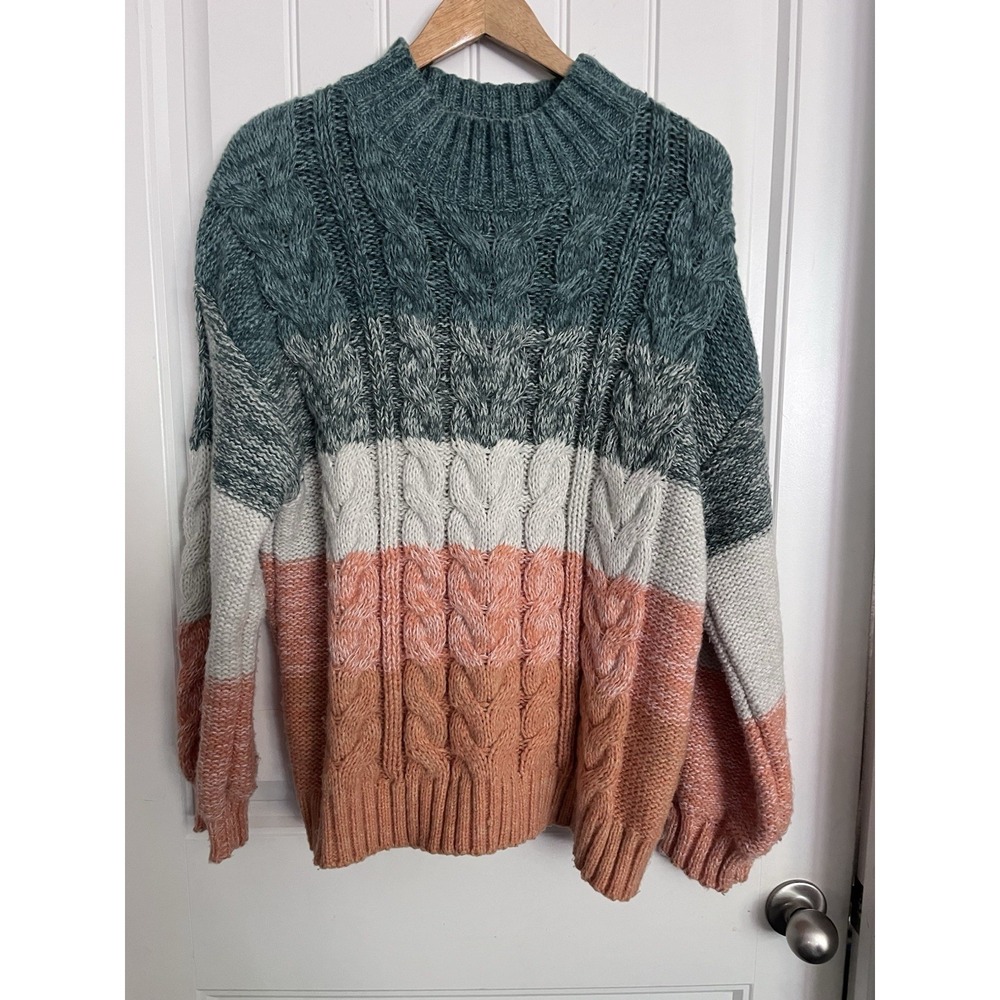 Altar'd State Green Orange Cable Knit Sweater Mock Neck Chunky Size Medium CC